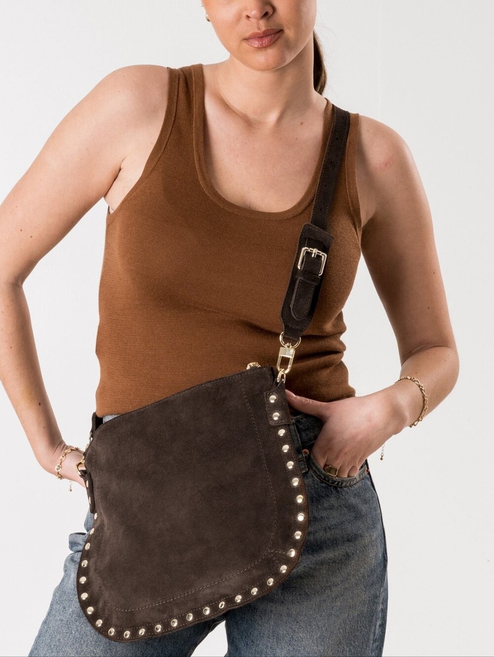 Anna Paola brown suede studded large messenger hobo crossbody bag